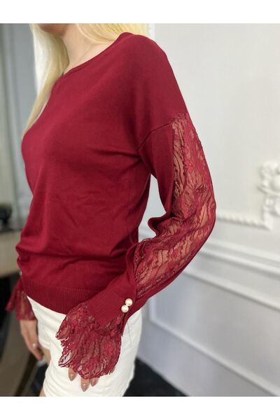 Bohemian Kadın Bordo Kolları Zarif Dantel İnci Detaylı Kazak