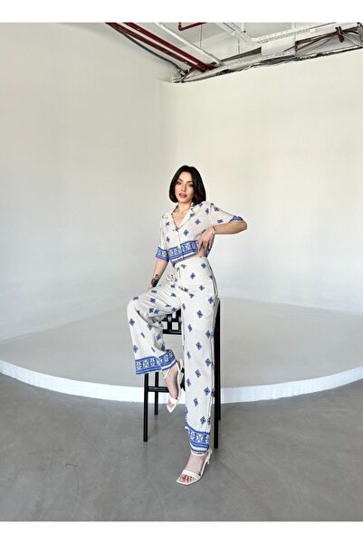 Lusin طقم كتان فاخر - بلوزة وسروال قصير باللون الأزرق الداكن، طقم مكون من قطعتين