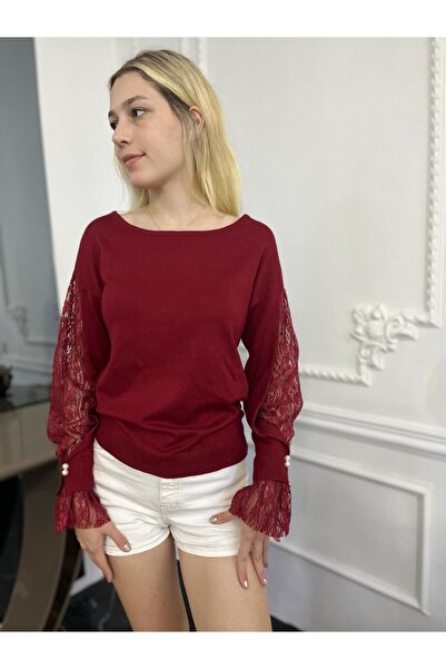 Bohemian Kadın Bordo Kolları Zarif Dantel İnci Detaylı Kazak