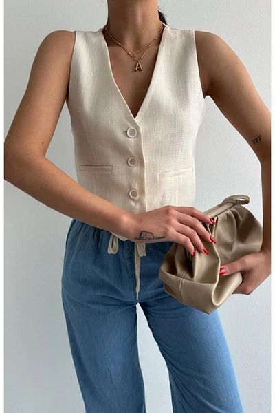 Telablanka ECRU Linen Vest - Buttoned Design