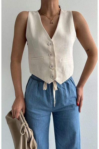 Telablanka ECRU Linen Vest - Buttoned Design