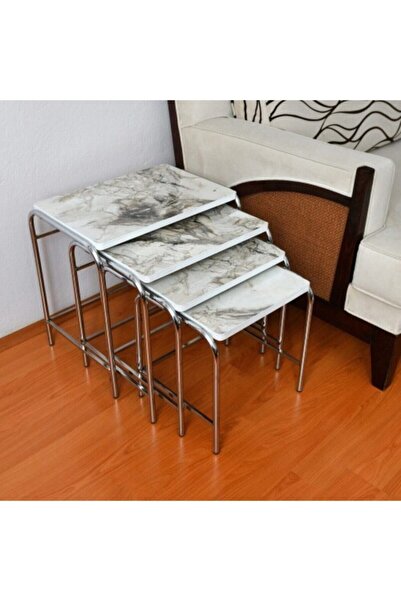 arvenlive Beyaz Mermer Desenli Parlak Mikelaj Ayaklı 4'lü Zigon Sehpa