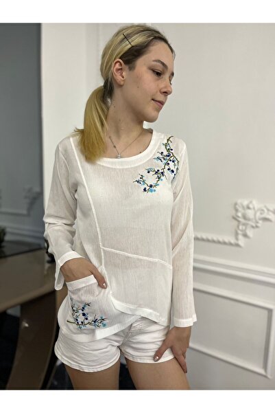 Bohemian Otantik Nakışlı Uzun Kollu Organik Pamuk Bluz