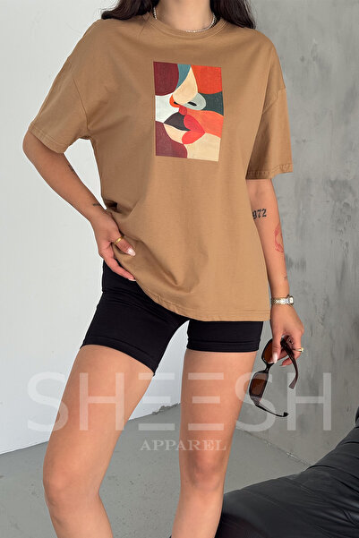 SHEESH APPAREL Women's Oversize T-shirt - Brown, Painting Printed