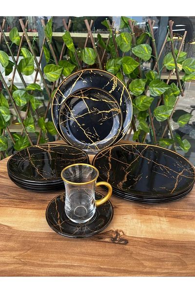 B&M 24 Piece Round Handle Black Marble Patterned Breakfast Set