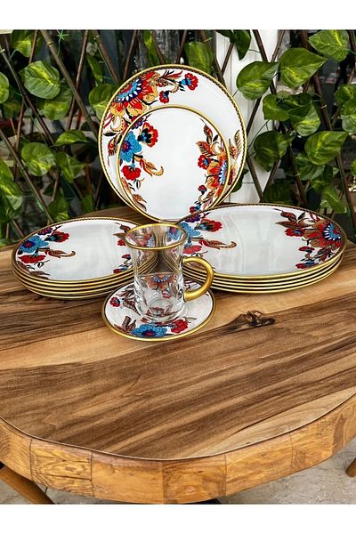 B&M 24 Piece White Floral Patterned Round Handle Breakfast Set