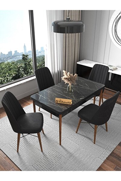 Kaffahome Riff 70x110 Siyah 4 Kişilik Sabit Masa Sandalye Takımı Mutfak Masas...