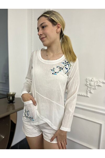 Bohemian Otantik Nakışlı Uzun Kollu Organik Pamuk Bluz