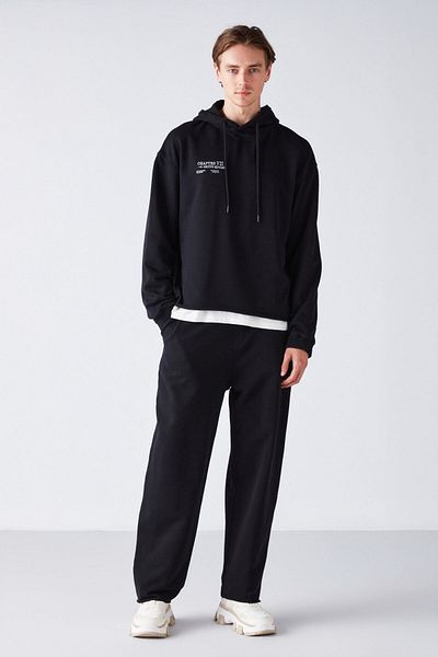 GRIMELANGE Leox Men's Comfort Fit Embroidered Hooded Black Tracksuit Set