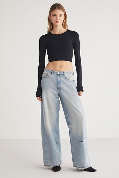 GRIMELANGE JOVANA - Stretchy Long Sleeve, Crew Neck Black Crop Women's Blouse