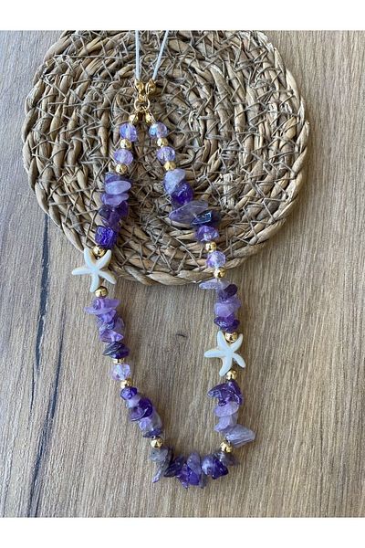 Stoneday Natural Purple Amethyst and Crystal Detailed Star Gold Phone Strap Charm Accessory Lanyard