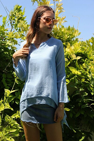 Bohemian Women's Blue Adjustable Long Sleeve Skirt Slit Natural Cotton Blouse