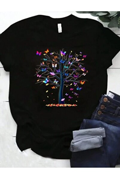 MAGORS Stıl-x Μαύρο και άσπρο μπλουζάκι με στάμπα πεταλούδας - Standard Fit