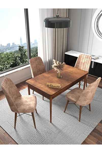 Kaffahome Riff 70x110 Barok 4 Kişilik Sabit Masa Sandalye Takımı Mutfak Masası Takımı Yemek Masası - Sütlü