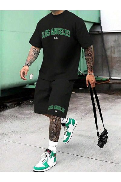 Moda Glo Ανδρικό μπλουζάκι και σορτς με στάμπα Los Angeles σε μαύρο χρώμα - Crew Neck