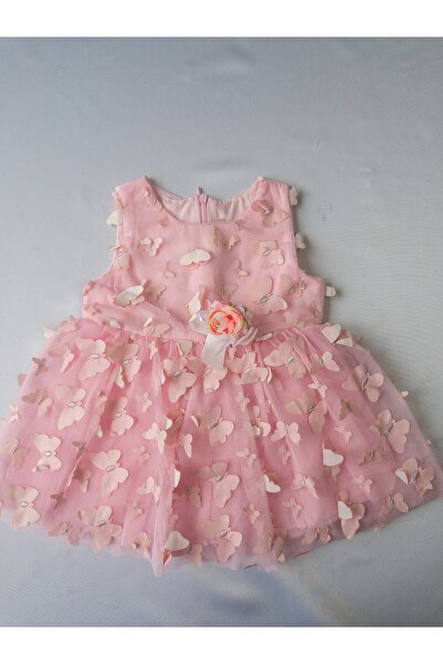 Luludy Kids Pembe Kelebek Nakışlı Kız Bebek Elbise
