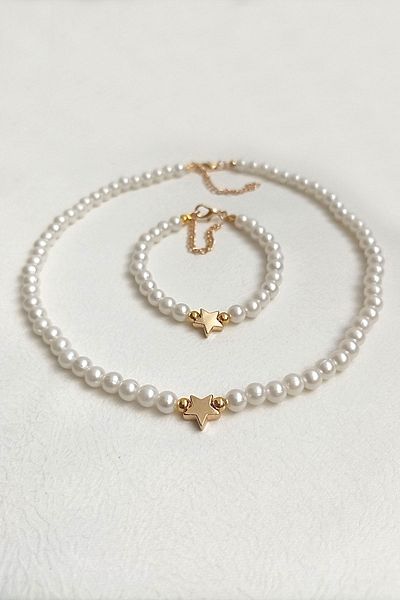 BİJUTERİ EVİ Minimal Star with Pearls Women's Necklace Bracelet Set