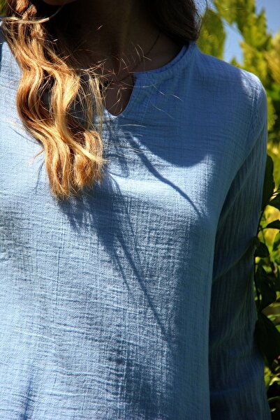 Bohemian Women's Blue Adjustable Long Sleeve Skirt Slit Natural Cotton Blouse