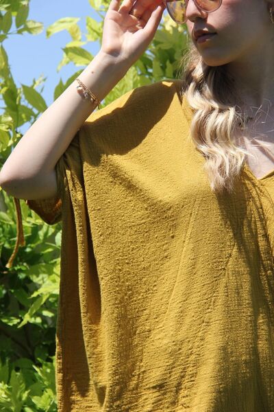Bohemian Women's Mustard V-neck Bat Cut Authentic Blouse
