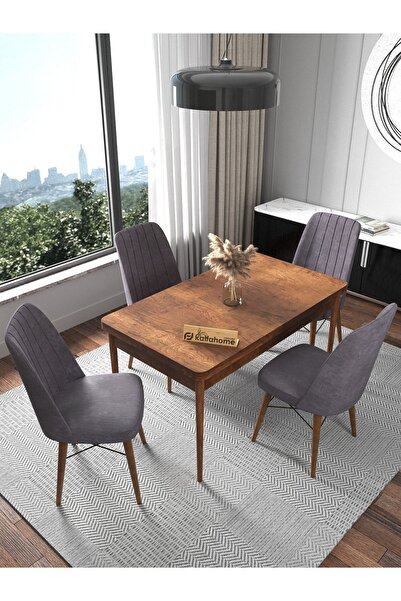 Kaffahome Riff 70x110 Barok 4 Kişilik Sabit Masa Sandalye Takımı Mutfak Masası Takımı Yemek Masası - Gri