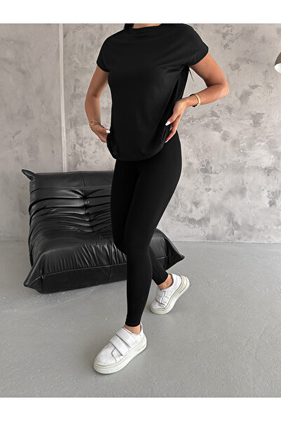 Look Forward Set cu tricou cu Colanți elastici din viscoză neagră pentru femei