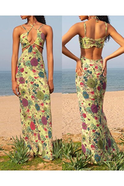 Rabury Butik Kaley Sırt ve Göğüs Dekolteli Yeşil Çiçekli Elbise