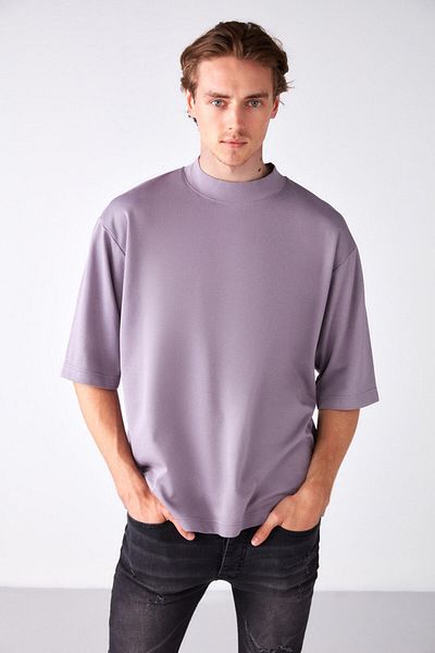 GRIMELANGE Ascolı Men's Oversize Fit Special Thick Textured Fabric High Collar Lilac T-shirt
