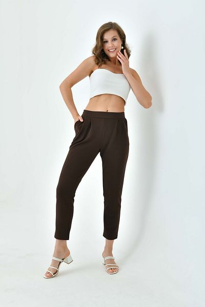 ubmbutik Lycra Stretchy Crepe Fabric - Women's Trousers, Back Elastic Waist and Front Straight Belt