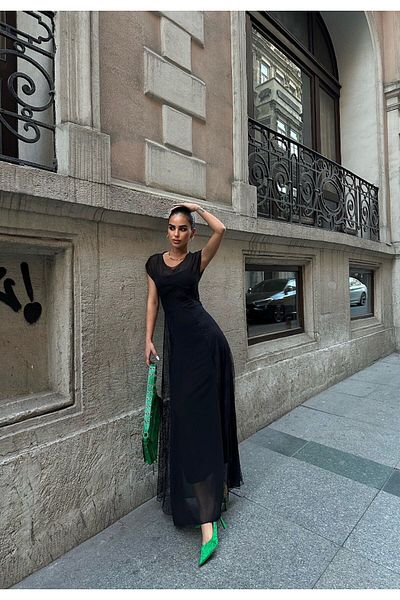 MAXXANA Rochie din tul negru cu căptușeală detaliată din șifon