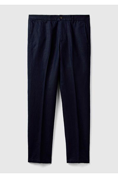 United Colors of Benetton Men's Linen Blended - Straight Dark Navy Blue Trousers with Pocket Ribbed Belt