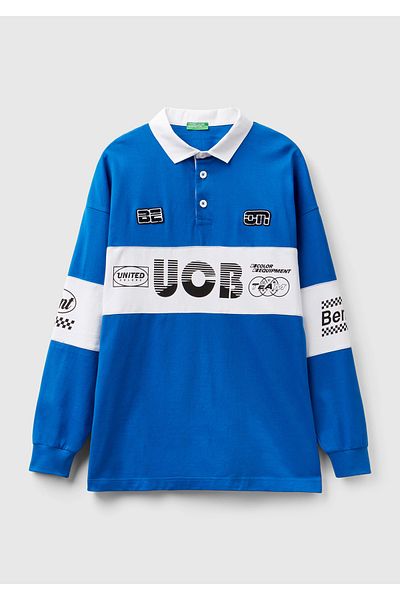 United Colors of Benetton Unisex Saks Blue 100% Cotton Logo Printed Polo Neck Sweatshirt