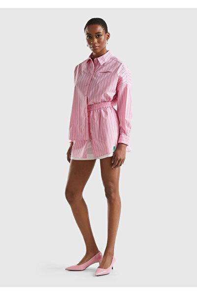 United Colors of Benetton Fusta scurtă de damă cu logo roz - talie adunată, dungi cu nasturi