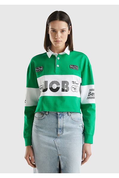 United Colors of Benetton Green Polo Neck Crop Sweatshirt - 100% Cotton, Logo Printed, Color Block