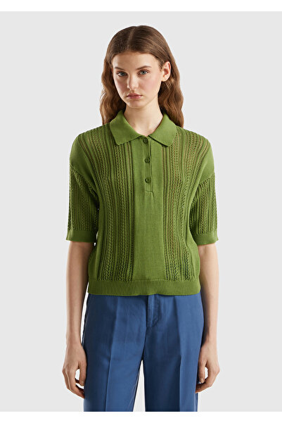 United Colors of Benetton Pale Green Polo Neck Drawstring Sleeves 100% Cotton Women's Knitwear T-Shirt