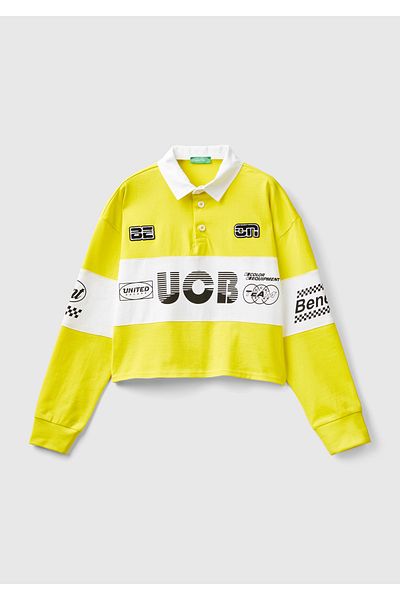 United Colors of Benetton Yellow Color Blocked Polo Collar Crop Sweatshirt - 100% Cotton, Logo Printed