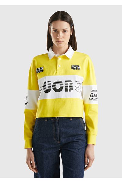 United Colors of Benetton Yellow Color Blocked Polo Collar Crop Sweatshirt - 100% Cotton, Logo Printed