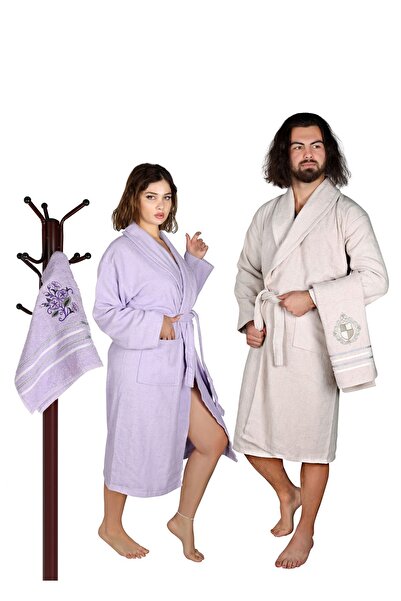 EŞMENOĞLU طقم روب حمام مطرز من ألبكيز مكون من 4 قطع، بيج لافندر