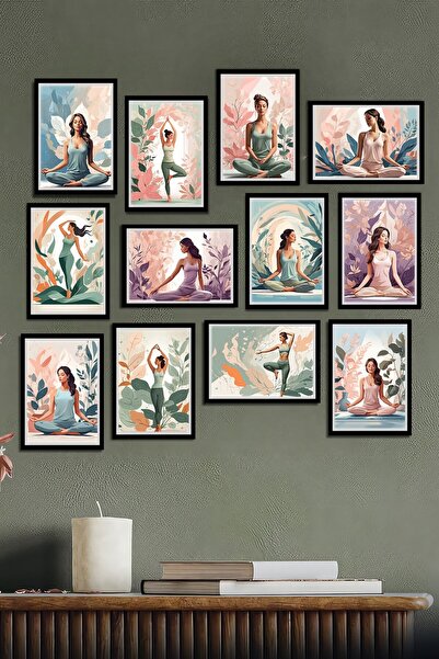 Tontilika Yoga Sanatı İllüstrasyon Tablo Seti - 12 Parçalık Koleksiyon
