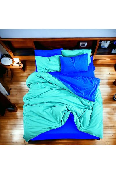 MAJESTE Double Sided Use Combination/Ranforce Single Duvet Cover Set-2 Pillowcases-Mint/Sax Blue