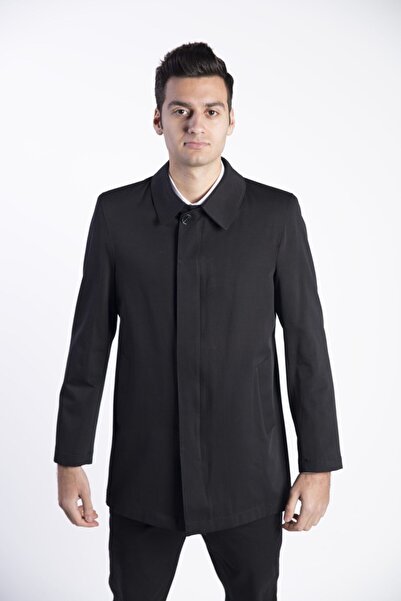 SPOSO 1668 Erkek Siyah Pamuk Polyester Dar Kalıp Pardesü