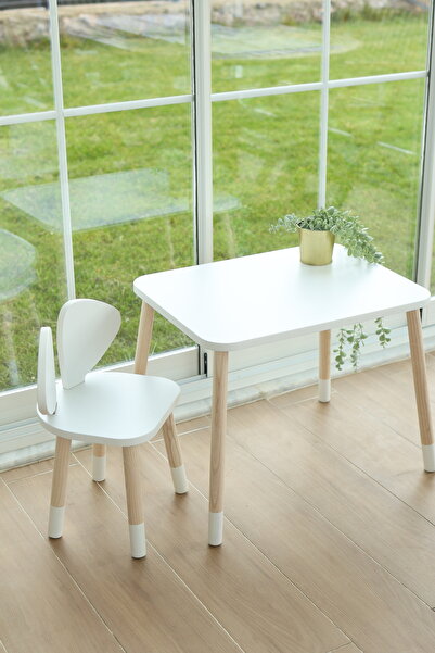 White Mickey Fare 1 Masa + 1 Sandalye (Çocuklar için Montessori Aktivite Masa Sandalye Takımı)