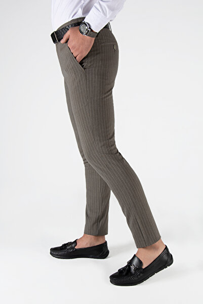 Terapi Men Açık Kahve Çizgili Slim Fit Pamuklu İtalyan Kesim Pantolon