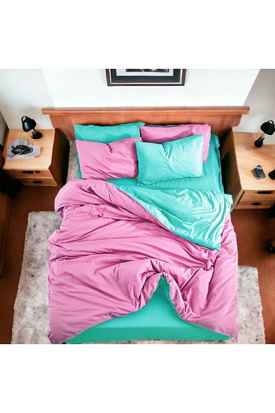 MAJESTE Double Sided Use Combination/Ranforce Single Duvet Cover Set-2 Pillowcases-Pink/Mint