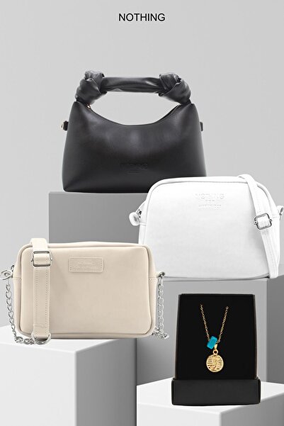 NOTHING Urban Bag with Chain Set of 3 - Black and White Cream with Knot Detai...