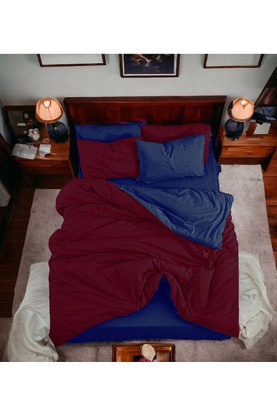 MAJESTE Double-Sided Use Combination/Ranforce Double Duvet Cover Set-4 Pillowcases-Burgundy/Navy Blue