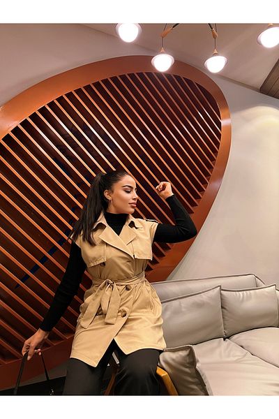 HAKKE Camel Waist Belted Double Pocket Trench Coat