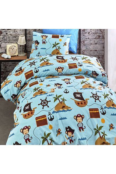 MAJESTE Pirate Patterned Blue Linens with 2 Pillowcases / Cotton Ranforce Single Duvet Cover Set - 11244M