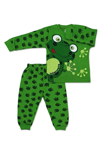 Süpermini طقم بيجامة علوية سفلية خضراء مطبوعة على شكل ضفدع لعمر 4-5-6 سنوات