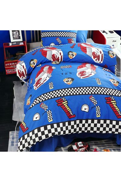 MAJESTE Rally Racing Car Patterned Blue Sheet with 2 Pillowcases / Ranforce Single Duvet Cover Set