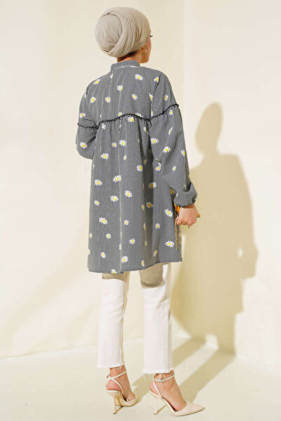 İKLİM LİFE Black Striped Daisy Patterned Layered Tunic